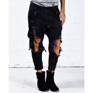 One Teaspoon 26 Kingpins Black Busted Knee Distressed Drop Crotch Boyfriend Jean